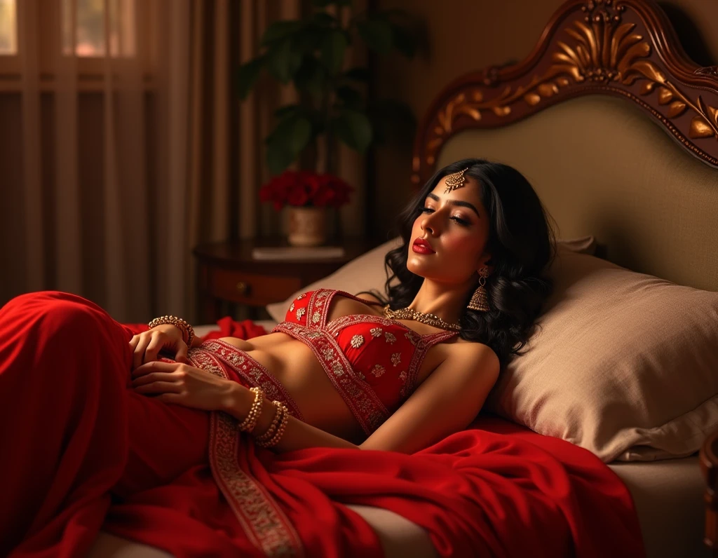 A sexy seducing women sleeping on bed for you in saree with legs open visible to you more open and visible to you with big boobs and tits remove little bit of saree and show pussy very open leg