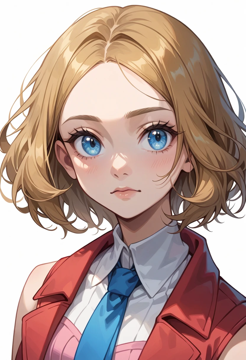   masterpiece ,  best quality ,  highres icon, serena (pokemon),  short hair,  Blue Eyes, 1 , Alone, blue ribbon, eyelash,  neck tie , sleeveless, fringe, clavicle, bare arms,  pink dress  , red coat, white  experience , forehead, no scenario,  looking at the viewer, upper body , de forehead para o espectador, solid color  experience , clean  experience , de forehead para a câmera,  high resolution,  calm and inexpressive face,  white background,  looking away , simple_ experience 