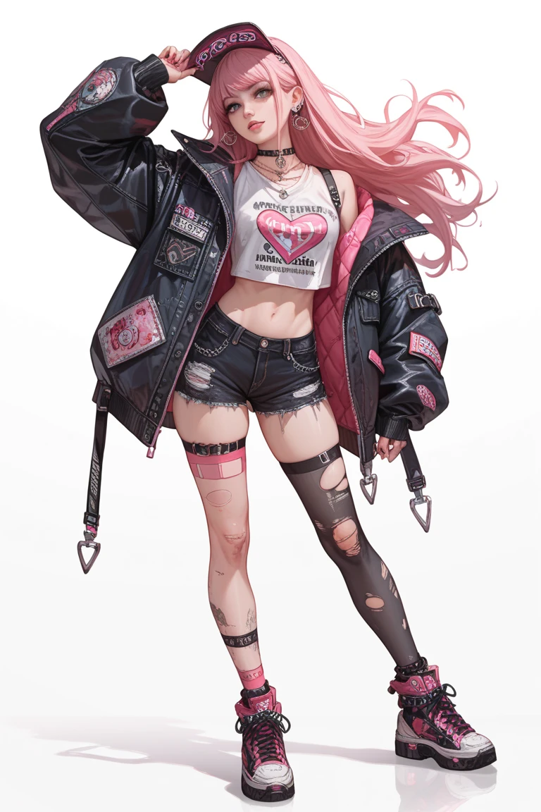 Best image quality,(best quality:1.1),(ultra-detailed:1.1), cowboy shot, (one woman, punk fashion woman, pink spiky hair, other shaved, sharp eyes, sparkling blue eyes, glaring expression), (black leather jacket with lots of studs, short pink tank top, rabbit illustration, low-rise denim shorts with visible belly button, black work boots), dynamic pose, dynamic angle, red stucco wall background,