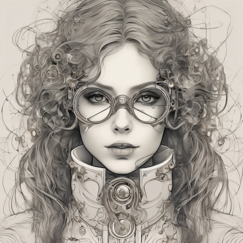 Minimalistic sketch   (( of a young Russian girl in full length cosplay steampunk)),  with expressive and smooth lines , full length shot, steampunk glasses raised flowing curly hair ,  style emphasizes her beauty with soft , with elegant , , conveying her strong emotional pose , , the refined and artistic , Abstract,  contours but rich in ,  on her forehead is akin to traditional portrait drawings with pencil or ink . Background is plain,  that fully focuses on her expressive face and artistry items,  thin lines and outlines ,  details of straight straight hair ,steampunk cosplay ,(neutral pale background of gears and mechanisms ,true white ink sketch, ink drawing of a full-length girl ,steampunk style,