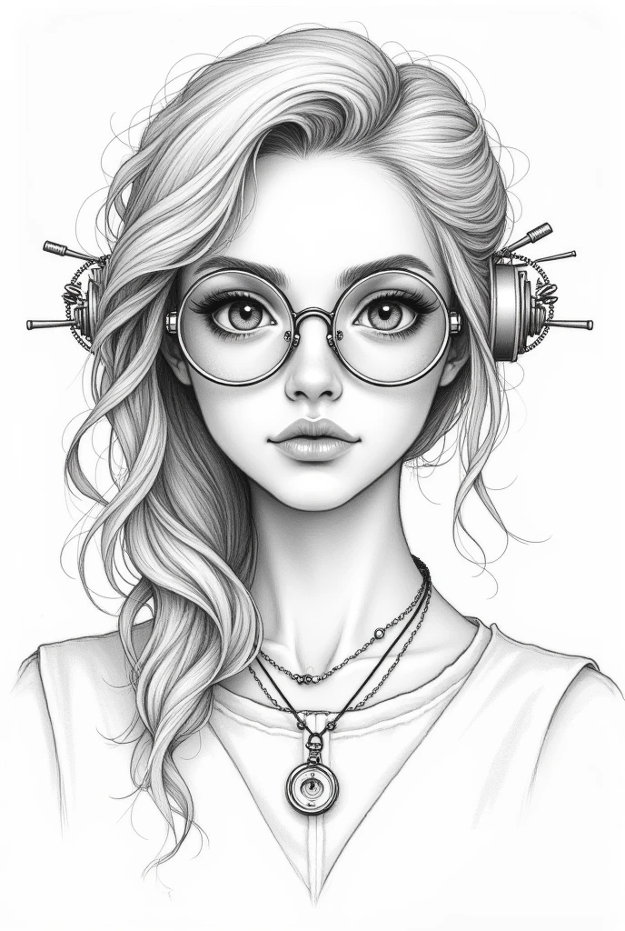 Minimalistic sketch   (( of a young Russian girl in full length cosplay steampunk)),  with expressive and smooth lines , full length shot, steampunk glasses raised flowing curly hair ,  style emphasizes her beauty with soft , with elegant , , conveying her strong emotional pose , , the refined and artistic , Abstract,  contours but rich in ,  on her forehead is akin to traditional portrait drawings with pencil or ink . Background is plain,  that fully focuses on her expressive face and artistry items,  thin lines and outlines ,  details of straight straight hair ,steampunk cosplay ,(neutral pale background of gears and mechanisms ,true white ink sketch, ink drawing of a full-length girl ,steampunk style,