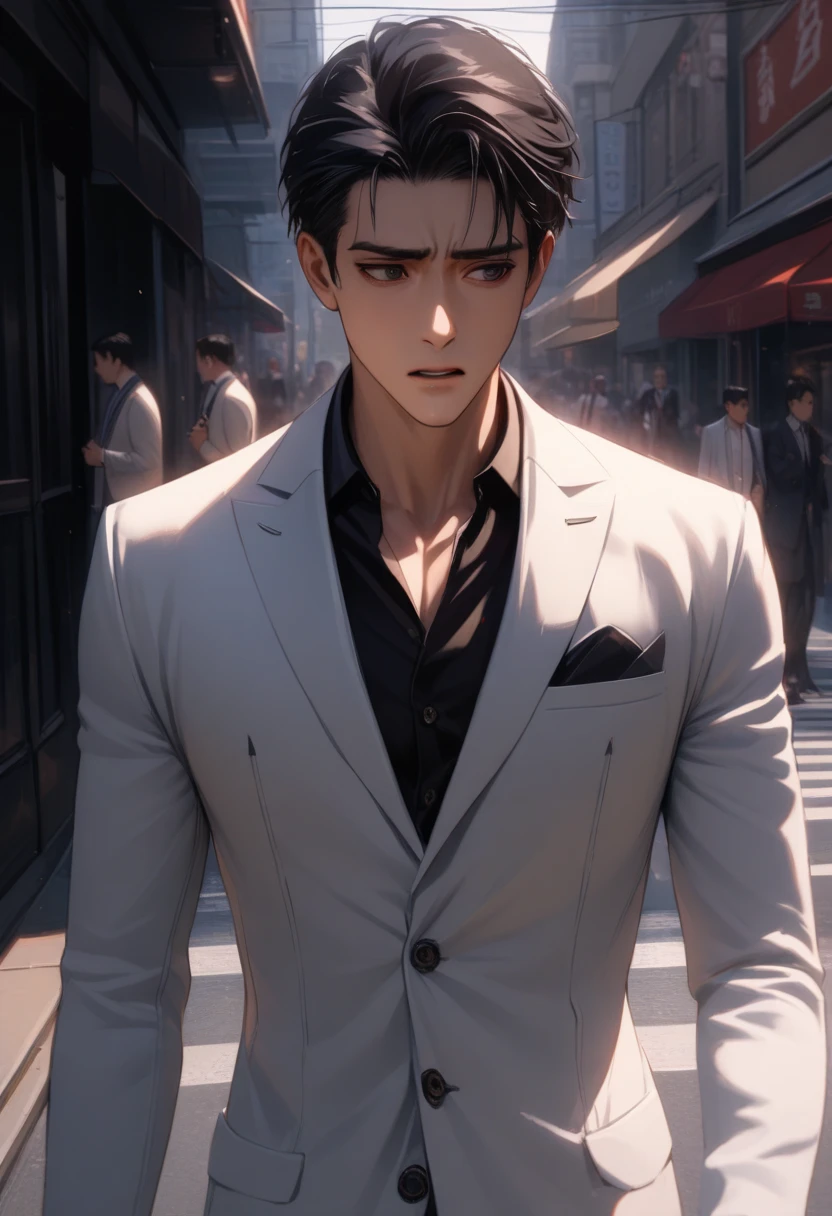 A handsome boy, frontal, worried, white sports coat, short black hair, on the street, super high detail, high real, 4K, chiaroscuro, super detail,