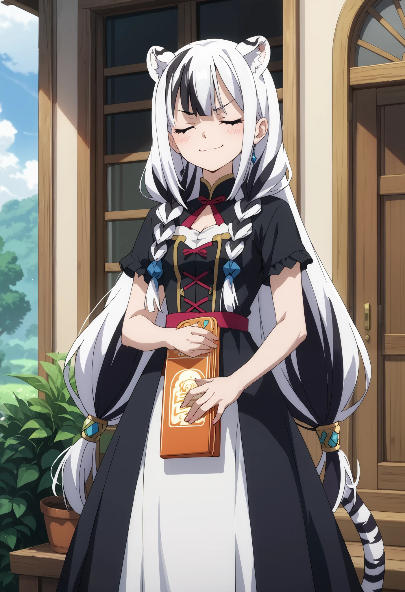 ((masterpiece)), anime lighting, Fairy tail art style, 1girl, solo, very long hair, white hair, black hair, multicolored hair, white tiger ears, white tiger tail, closed eyes, standing, blush, smug smirk, low twin braids, purple dress, black dress, multicolored dress.