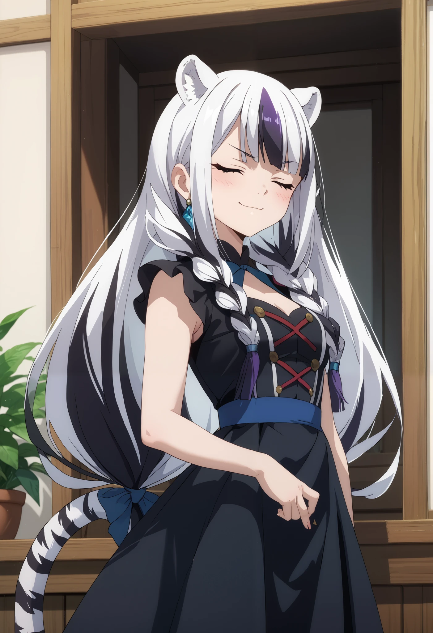 ((masterpiece)), anime lighting, Fairy tail art style, 1girl, solo, very long hair, white hair, black hair, multicolored hair, white tiger ears, white tiger tail, closed eyes, standing, blush, smug smirk, low twin braids, purple dress, black dress, multicolored dress.