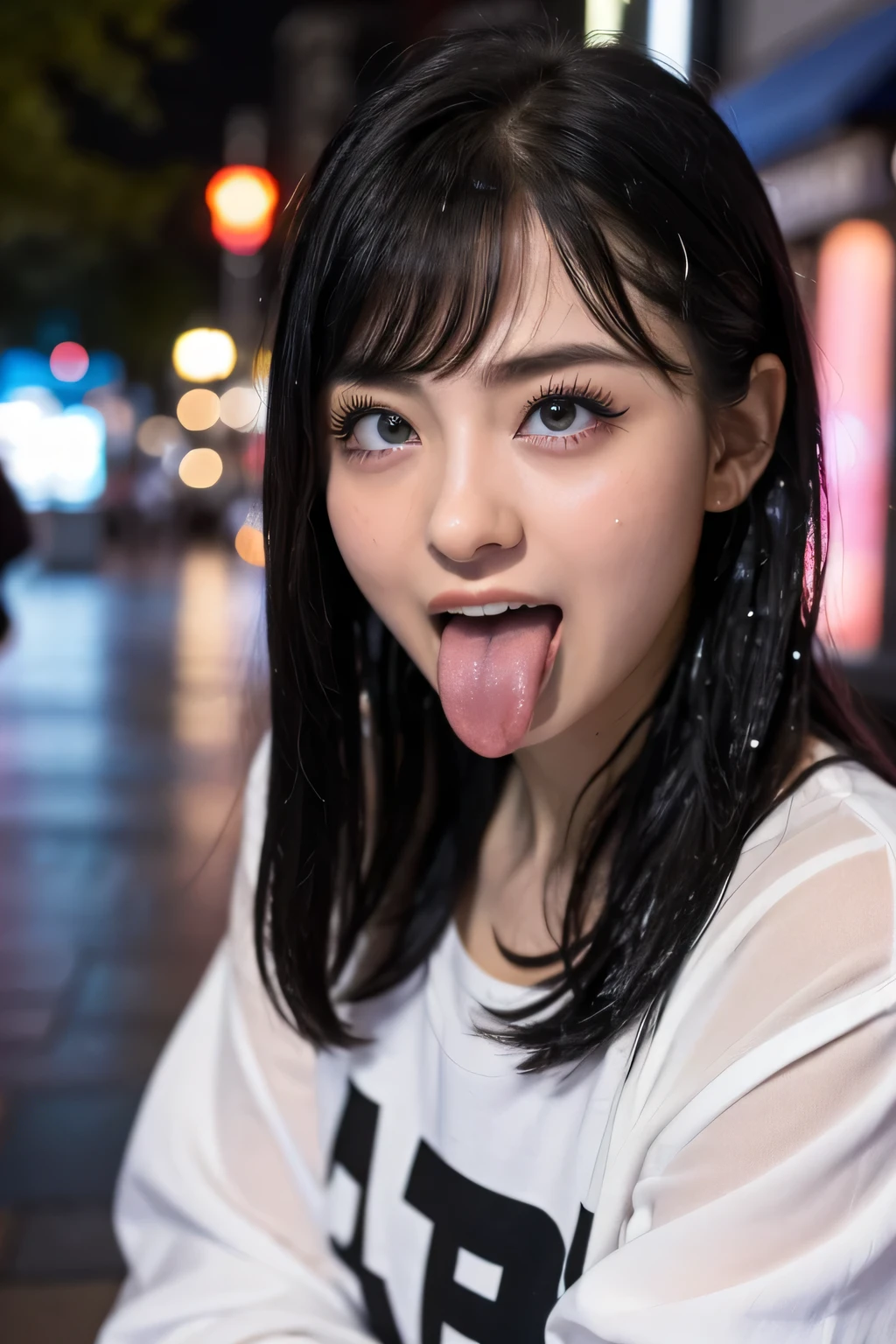  1 girl, table top in front of you,,Award-winning photo,  very detailed,  face close-up 、 keep your eyes focused, Nose and mouth, facial focus,  Woman with her mouth open and her eyes closed,  facial focusの接写、age: 18 ,Black-haired、Symmetrical face, Insulated、 angle from below 、Extended C-shaped nostrils 、((( comments,Harajuku Omotesando at night ))) I sweated, shiny skin、 big eyes、 double eyelid 、( my tongue is wet and glowing) ((Wet tongue)) (Face close-up) Disneyland,Taylor Hill,Hyper-realistic,real skin、Nogizaka Members,