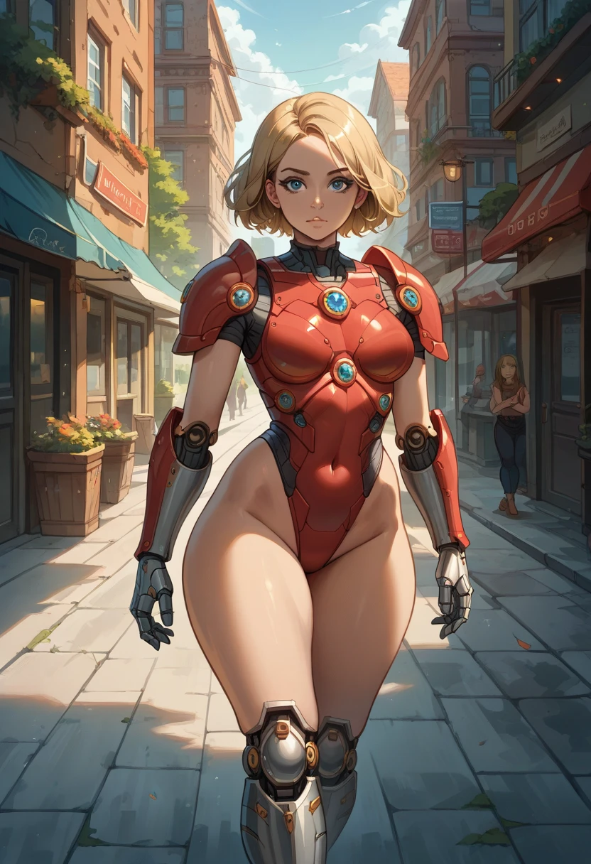   masterpiece ,  best quality ,  highres icon,  Serena short hair,  Blue Eyes, 1 girl Bonita,  blonde hair  ,  red swimsuit-like armor,Metal, luvas de Metal, Metallic boots,  thick thighs , Futuristic lenses ,  beautiful woman poses sovereign ,  , assertive_female, ,Front leg ,in the street, night