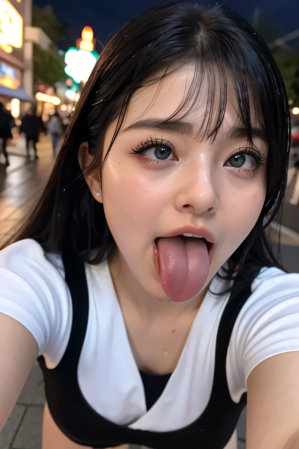  1 girl, table top in front of you,,Award-winning photo,  very detailed,  face close-up 、 keep your eyes focused, Nose and mouth, facial focus,  Woman with her mouth open and her eyes closed,  facial focusの接写、age: 18 ,Black-haired、Symmetrical face, Insulated、 angle from below 、Extended C-shaped nostrils 、((( comments,Harajuku Omotesando at night ))) I sweated, shiny skin、 big eyes、 double eyelid 、( my tongue is wet and glowing) ((Wet tongue)) (Face close-up) Disneyland,Taylor Hill,Hyper-realistic,real skin、Nogizaka Members,