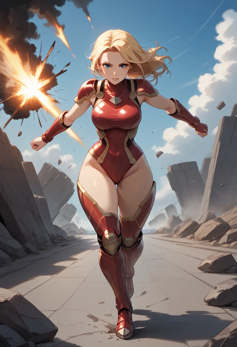  beautiful,   blonde hair  ,   red swimsuit-like armor,Metal, luvas de Metal, Metallic boots,  thick thighs , Futuristic lenses ,  beautiful woman running  , explosion in the background, mass destruction , action scene, details,  captures motion scene 