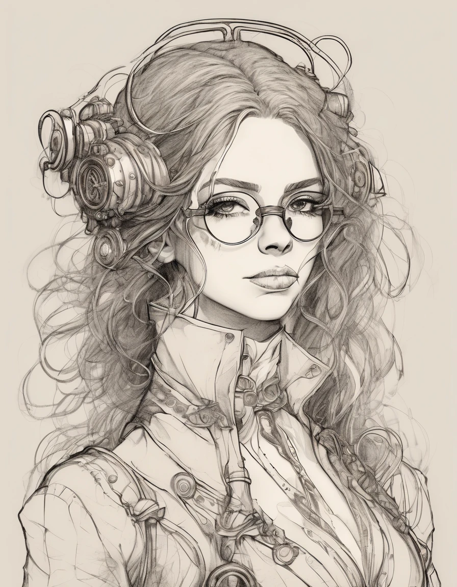  Minimalistic sketch by a young Russian cosplay steampunk girl,  with expressive and smooth lines , full length shot, steampunk glasses raised flowing curly hair ,  style emphasizes her beauty with soft , with elegant , , conveying her strong emotional pose , , the refined and artistic , Abstract,  contours but rich in ,  on her forehead is akin to traditional portrait drawings with pencil or ink . Background is plain,  that fully focuses on her expressive face and artistry items,  thin lines and outlines ,  details of straight straight hair ,steampunk cosplay ,(neutral pale background of gears and mechanisms ,true white ink sketch