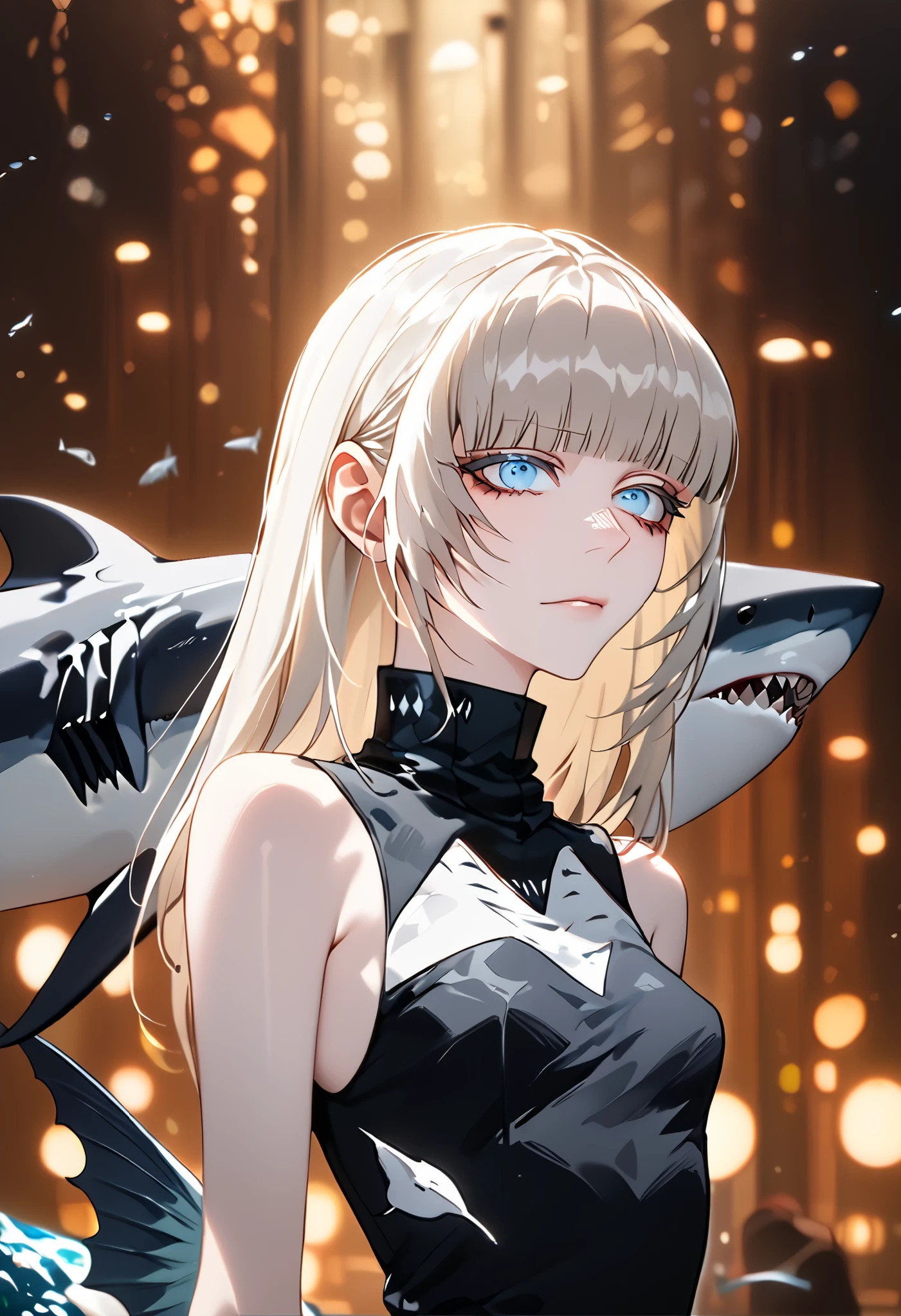 Anime style, 1 girl, 1 sexy girl, white pale skinned girl, porcelain skin, blue eyes, (HAIR: light blonde straight cut, long length, full bangs covering eyebrows, side framing fringe ) (BODY: half shark girl, neck gills, arm fins, dorsal shark fin )(best quality, 4k, 8k, highres, masterpiece:1.2), ultra-detailed, HDR, UHD, studio lighting, ultra-fine painting, sharp focus, physically-based rendering, extreme detail description, professional, vivid colors, bokeh, underwater,