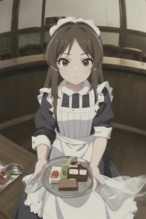 Arisu Tachibana,  1 girl,  brown eyes, Food,  brown hair , Alone, [fruit, Maid,  long hair, Maid headdress, [drink,  cake, Tray, strawberry, Glass,  apron,  viewers who stop at the edge
 