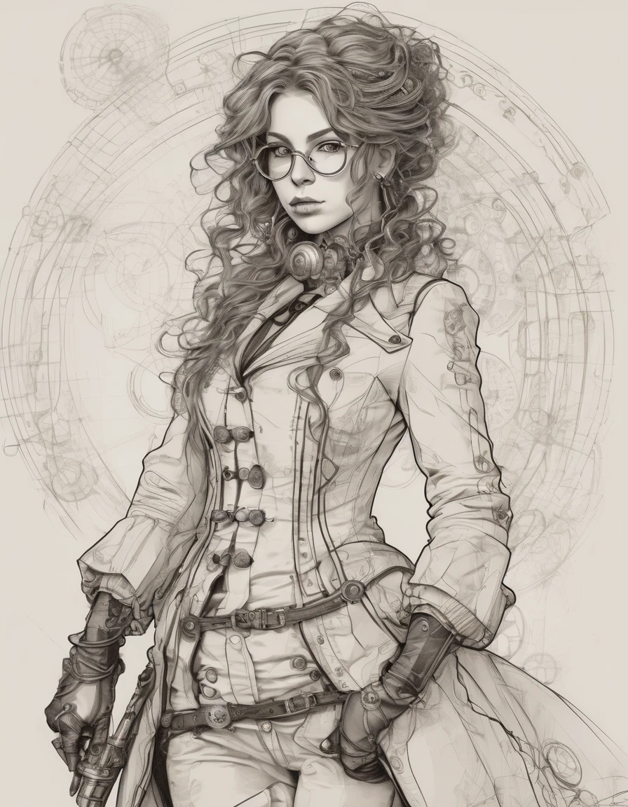 Minimalistic sketch   (( of a young Russian girl in full length cosplay steampunk)),  with expressive and smooth lines , full length shot, steampunk glasses raised flowing curly hair ,  style emphasizes her beauty with soft , with elegant , , conveying her strong emotional pose , , the refined and artistic , Abstract,  contours but rich in ,  on her forehead is akin to traditional portrait drawings with pencil or ink . Background is plain,  that fully focuses on her expressive face and artistry items,  thin lines and outlines ,  details of straight straight hair ,steampunk cosplay ,(neutral pale background of gears and mechanisms ,true white ink sketch, ink drawing of a full-length girl ,steampunk style,