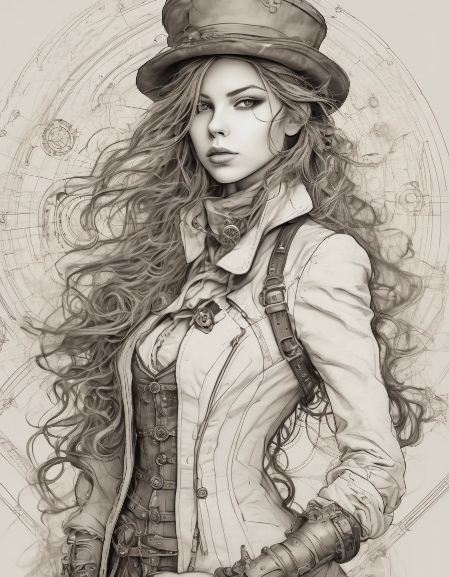 Minimalistic sketch   (( of a young Russian girl in full length cosplay steampunk)),  with expressive and smooth lines , full length shot, steampunk glasses raised flowing curly hair ,  style emphasizes her beauty with soft , with elegant , , conveying her strong emotional pose , , the refined and artistic , Abstract,  contours but rich in ,  on her forehead is akin to traditional portrait drawings with pencil or ink . Background is plain,  that fully focuses on her expressive face and artistry items,  thin lines and outlines ,  details of straight straight hair ,steampunk cosplay ,(neutral pale background of gears and mechanisms ,true white ink sketch, ink drawing of a full-length girl ,steampunk style,