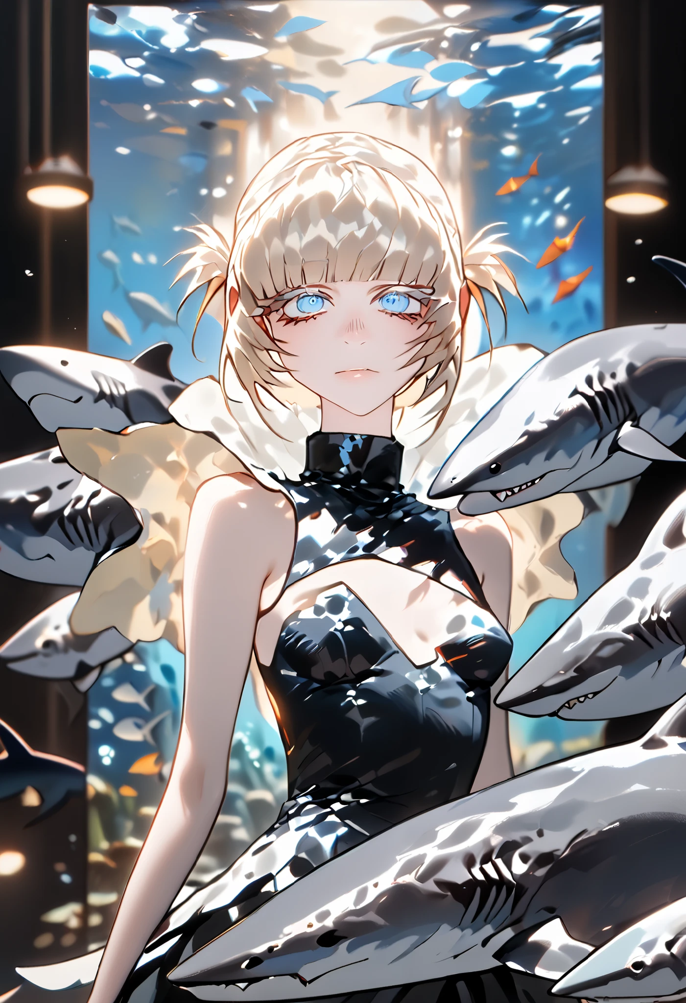Anime style, 1 girl, 1 sexy girl, white pale skinned girl, porcelain skin, blue eyes, (HAIR: light blonde straight cut, long length, full bangs covering eyebrows, side framing fringe ) (BODY: half shark girl, neck gills, arm fins, dorsal shark fin )(best quality, 4k, 8k, highres, masterpiece:1.2), ultra-detailed, HDR, UHD, studio lighting, ultra-fine painting, sharp focus, physically-based rendering, extreme detail description, professional, vivid colors, bokeh, underwater,