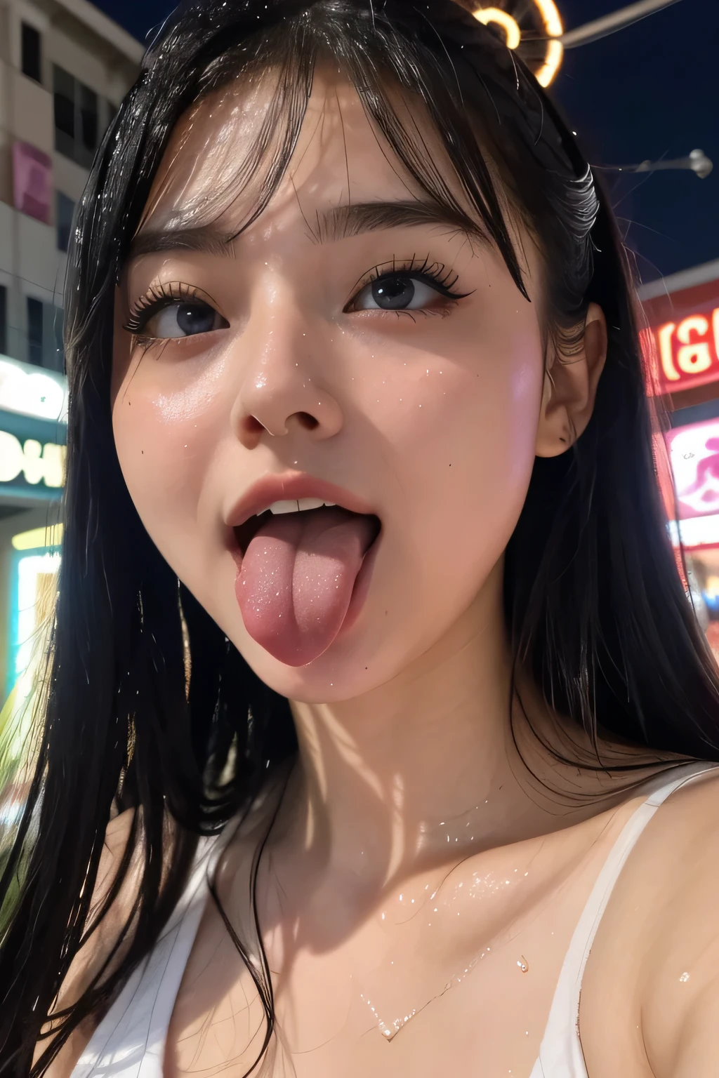 1 girl, table top in front of you,,Award-winning photo, very detailed, face close-up 、 keep your eyes focused, Nose and mouth, facial focus, Woman with her mouth open and her eyes closed, facial focusの接写、age: 18 ,Black-haired、Symmetrical face, Insulated、 angle from below 、Extended C-shaped nostrils 、((( comments,Harajuku Omotesando at night ))) I sweated, shiny skin、 big eyes、 double eyelid 、( my tongue is wet and glowing) ((Wet tongue)) (Face close-up) Disneyland,Taylor Hill,Hyper-realistic,real skin、Nogizaka Members,