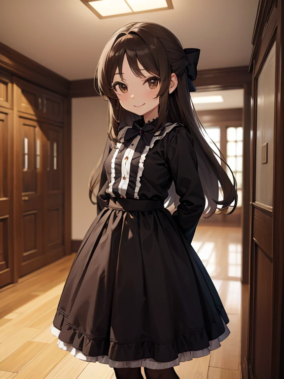 masterpiece,  top quality, Arisu Tachibana, Alone, ( small),  brown eyes, brown hair , HALF UP, hair bow,
 smile,  standing, gothic lolita, indoor,