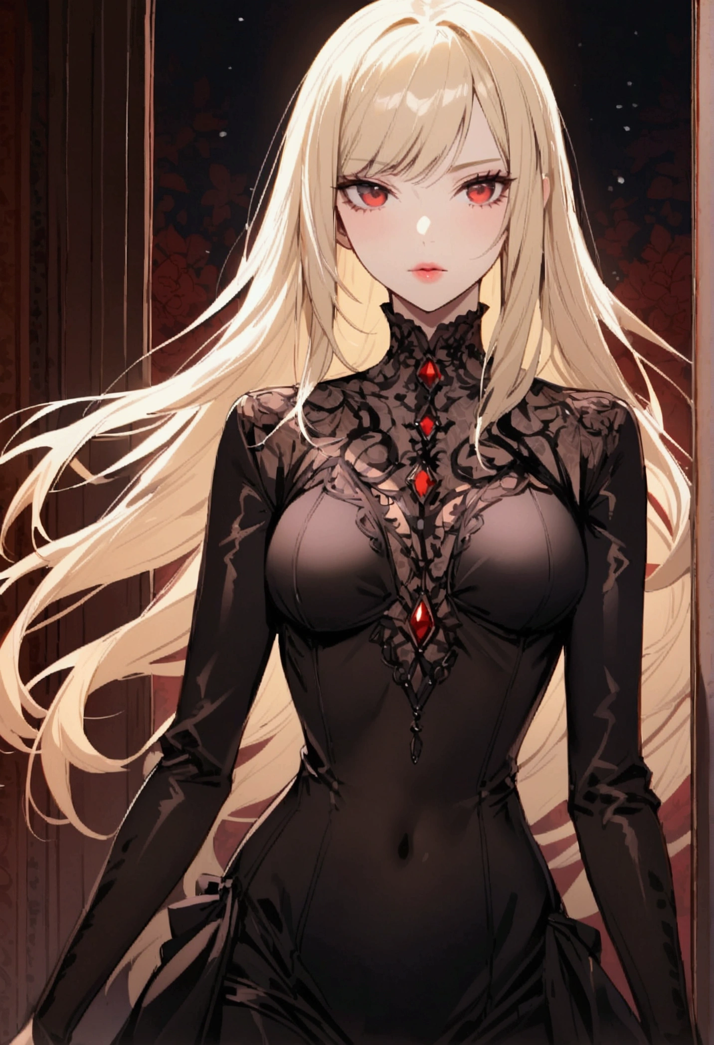 anime girl in black leather dress with open neckline, slim and voluminous body. Crimson eyes, straight white hair and small lips
