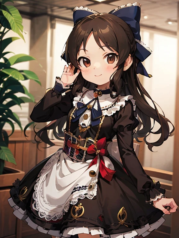 masterpiece,  top quality, Arisu Tachibana, Alone, ( small),  brown eyes, brown hair , HALF UP, hair bow,
 smile,  standing, gothic lolita, indoor,