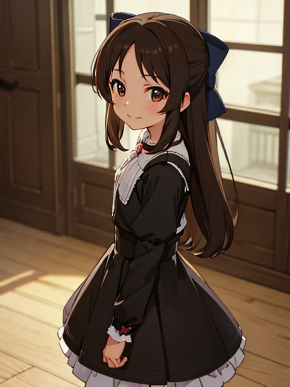 masterpiece,  top quality, Arisu Tachibana, Alone, ( small),  brown eyes, brown hair , HALF UP, hair bow,
 smile,  standing, gothic lolita, indoor,