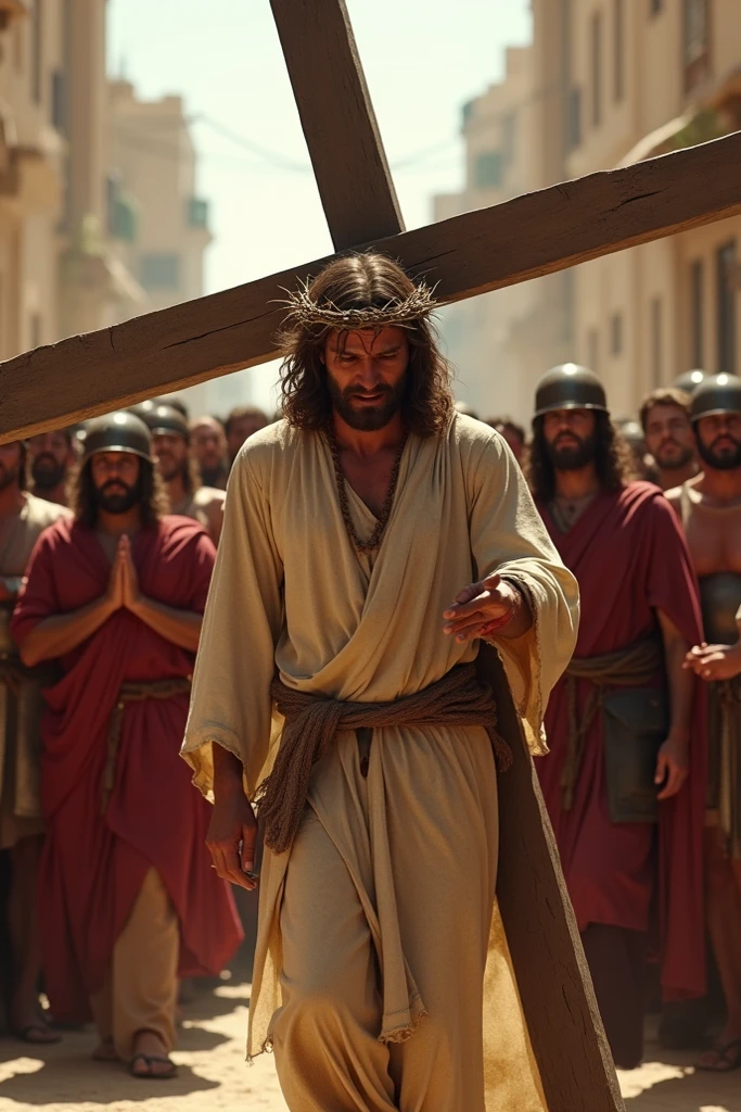 Jesus is depicted in the moment He first takes up the Cross, with a solemn and resolute expression. On His head is a crown of thorns, the sharp thorns digging into His scalp, causing blood to trickle down His forehead. He stands at the forefront of the scene, dressed in a simple, worn robe. His face shows a mixture of exhaustion and determination. The Cross is large and wooden, heavy on His shoulders, with rough edges digging into His skin. Around Him, Roman soldiers in armor push Him forward, their expressions stern and unforgiving. The background shows the crowded streets of Jerusalem, with onlookers gazing at Him, some in sorrow, others in indifference. The sky above is overcast, hinting at the sorrow and darkness that will soon follow.