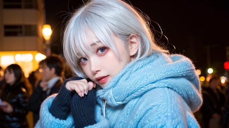 winter, urban area, Tokyo, at dusk, sunset, gorgeous cityscape, amid the crowd, snowly on the park, dressed in fluffy warm fashion, tilt head forward, fidgeting, expression of heart is pounding with tension, blushing, medium length hair, pale blue and white hair, hair fluttering in the wind, beautiful white-colored translucent skin, tall and slendar figure, skiny, adult sexiness, alluring, glossy face, cold and shivering, breathing onto own hands, {realistic}, {cinematic}, {photogenic}