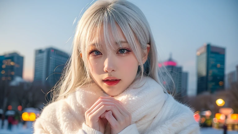 winter, urban area, Tokyo, at dusk, sunset, gorgeous cityscape, amid the crowd, snowly on the park, dressed in fluffy warm fashion, tilt head forward, fidgeting, expression of heart is pounding with tension, blushing, medium length hair, pale blue and white hair, hair fluttering in the wind, beautiful white-colored translucent skin, tall and slendar figure, skiny, adult sexiness, alluring, glossy face, cold and shivering, breathing onto own hands, {realistic}, {cinematic}, {photogenic}