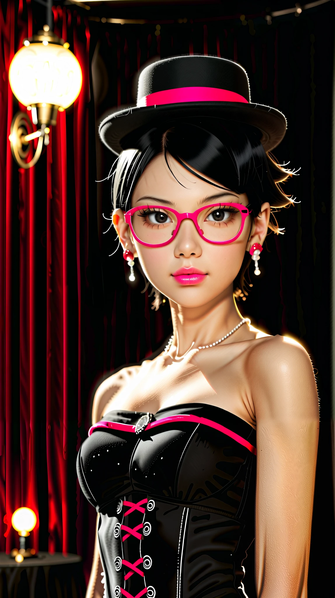 (1, Alone, alone), (WakatsukiRisa, sarada uchiha, black hair, short hair, black eyes, red glasses), ((Alone, ([1woman, ((small bust)), pink lipstick, black eyes), extremely detailed, soft ambient lighting, 4k, perfect eyes, a perfect face, perfect lighting, a 1)), ((fitness, slim body, athletic body, toned body)), ((cancan dancer, cancan dress, pink and black, corset, coif, striped tights, high heels, mini bowler hat, sexy outfit, sensual outfit, western saloon, stage, cabaret stage, illuminated stage, lamps))