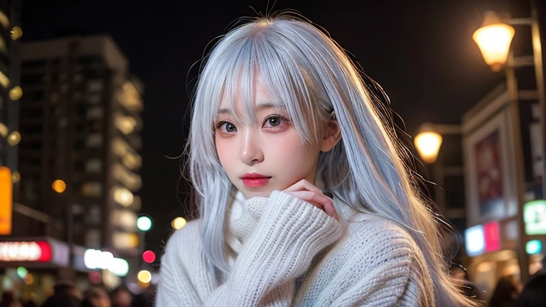 winter, urban area, Tokyo, at dusk, sunset, gorgeous cityscape, amid the crowd, snowly on the park, dressed in fluffy warm fashion, tilt head forward, fidgeting, expression of heart is pounding with tension, blushing, medium length hair, pale blue and white hair, hair fluttering in the wind, beautiful white-colored translucent skin, tall and slendar figure, skiny, adult sexiness, alluring, glossy face, cold and shivering, breathing onto own hands, {realistic}, {cinematic}, {photogenic}