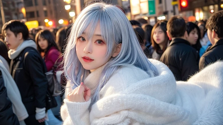 winter, urban area, Tokyo, at dusk, sunset, gorgeous cityscape, amid the crowd, snowly on the park, dressed in fluffy warm fashion, tilt head forward, fidgeting, expression of heart is pounding with tension, blushing, medium length hair, pale blue and white hair, hair fluttering in the wind, beautiful white-colored translucent skin, tall and slendar figure, skiny, adult sexiness, alluring, glossy face, cold and shivering, breathing onto own hands, {realistic}, {cinematic}, {photogenic}