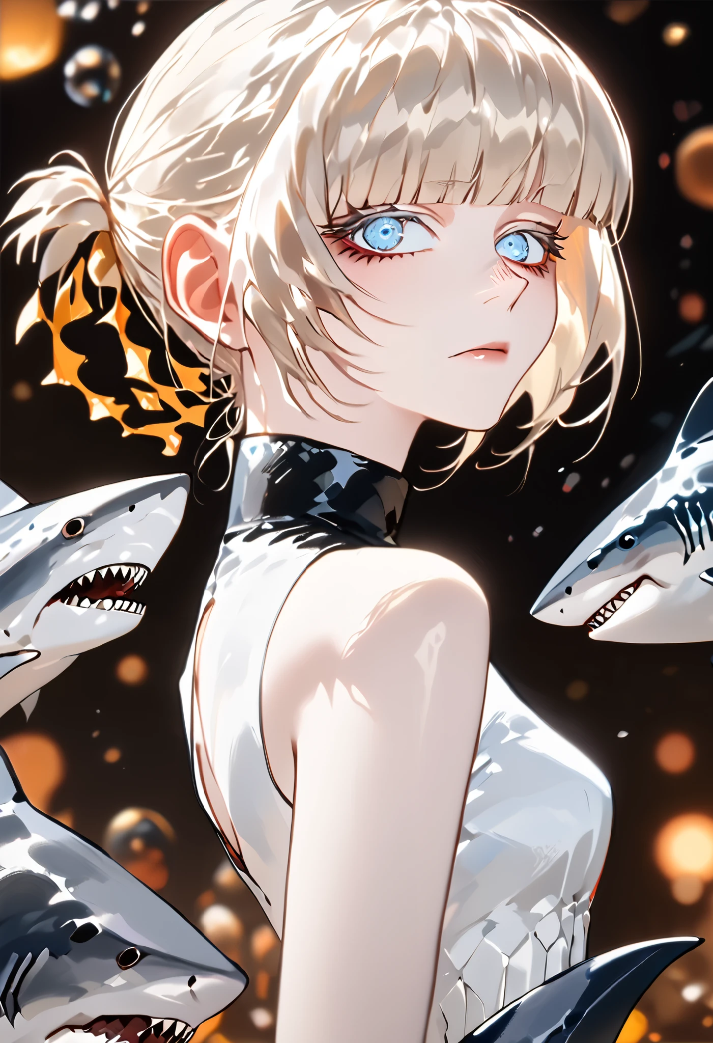 Anime style, 1 girl, 1 sexy girl, white pale skinned girl, porcelain skin, blue eyes, (HAIR: light blonde straight cut, long length, full bangs covering eyebrows, side framing fringe ) (BODY: half shark girl, neck gills, arm fins, dorsal shark fin )(best quality, 4k, 8k, highres, masterpiece:1.2), ultra-detailed, HDR, UHD, studio lighting, ultra-fine painting, sharp focus, physically-based rendering, extreme detail description, professional, vivid colors, bokeh, underwater, score_9, score_8_up, score_9_up, source_anime