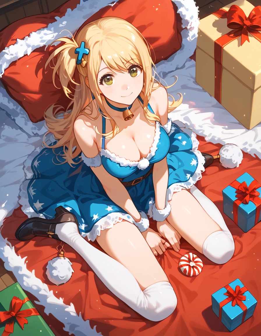 ((( best quality))), from above,  on the bed, sitting flat, beckoning, lucy heartfilia,(super beautiful), long hair, blonde hair, brown eyes, cute, hair ornament, large breasts, full body, perfect fingers, Alone, silky skin,   santa costume, present for you