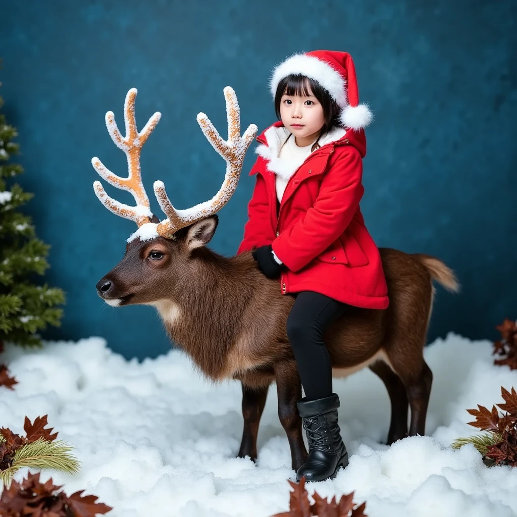 8K, a Santa girl dressed in a red coat, black pants, and black boots, is riding a brown reindeer with large antlers on its head. The antlers are adorned with white snow, adding a touch of warmth to the scene. The girl is adorned with a white Santa hat, and a white fluffy fluffy ball cap. The background is a deep blue, with a hint of green trees. The ground beneath the deer is covered in a layer of snow, with patches of brown and green leaves.