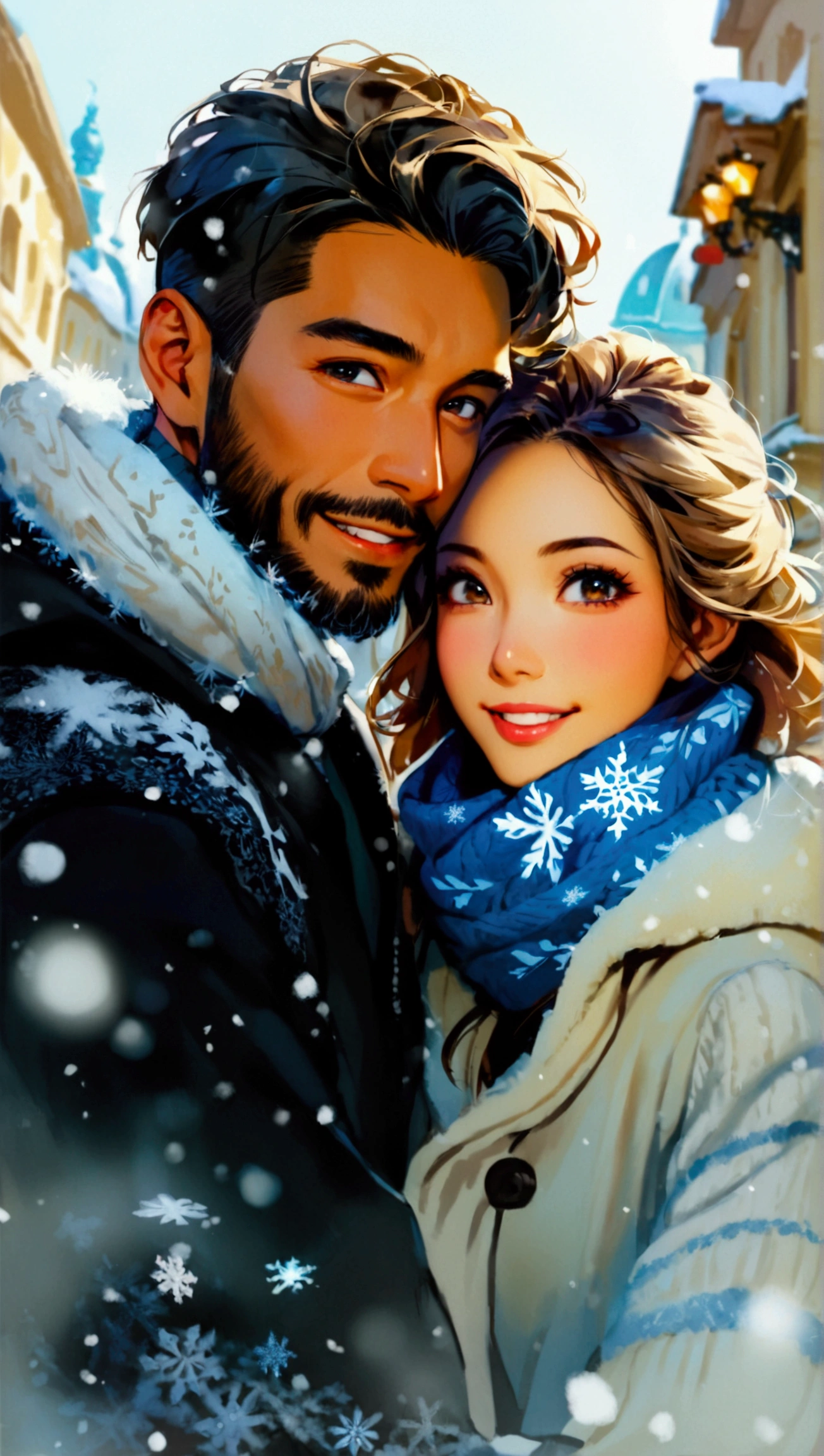 Portray a full-body shot of an international couple walking arm in arm with excited expressing and genie grin amid the winter of Vienna, Austria. The couple features an Asian man in his thirties and a white European woman in her twenties. The man has a strong square face, adorned with brown skin based on golden undertone, double lid downturned black eyes, low cheek bones, a prominent nose, and short coiffed black hair. He is dressed in a black white hoodie covered by a stadium jacket in white. The pretty oval face of his European woman is defined by almond eyes in light blue color, low cheek bones, significant roman nose, gentle blonde hair and fair complexity based on cool undertone. She is dressed in a knitted sweater and a snow crystal print scarf. Vienna's magnificent urban landscape on  background on a sunny winter day, ((full shot)), ((Asian man)), ((European woman)), (interracial couple), ((wide view)), (full-body shot), highly detailed, soft lighting, vibrant colors, ((grin)), ((looking at the viewer)), arm in arm