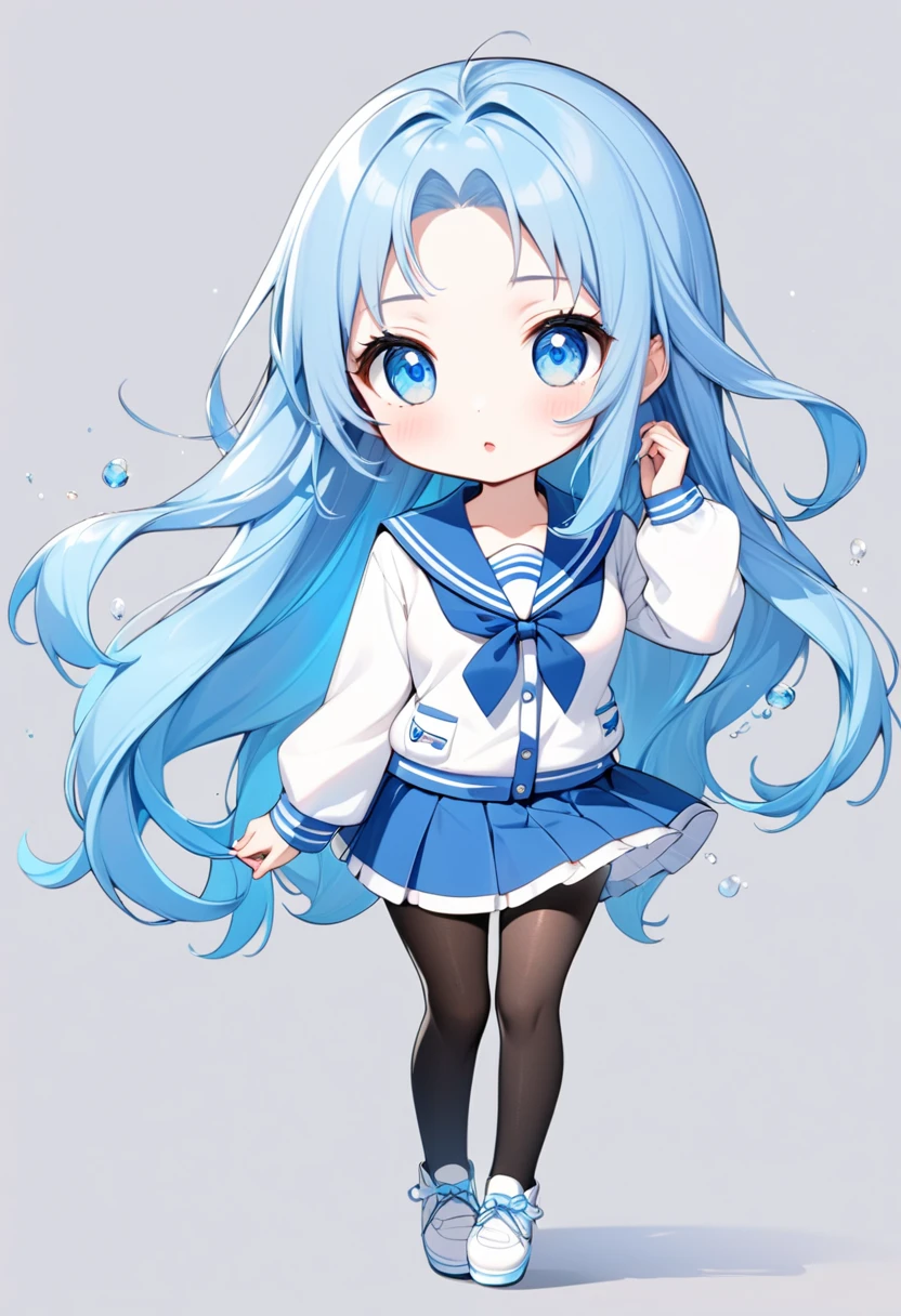 Extremely detailed CG unified 8K wallpaper, very fine 8KCG wallpaper, absurderes，(((Lori )))，((Childish))、Best quality ，ultra - detailed ，Beautiful face  ，tmasterpiece、Head-to-waist display、A girl stands、top-quality(tmasterpiece), top-quality, 1girl in, (((Light blue hair and long hair)))、Light blue sailor suit and light blue cardigan、Light blue ribbon、light blue  eyes、kawaii、