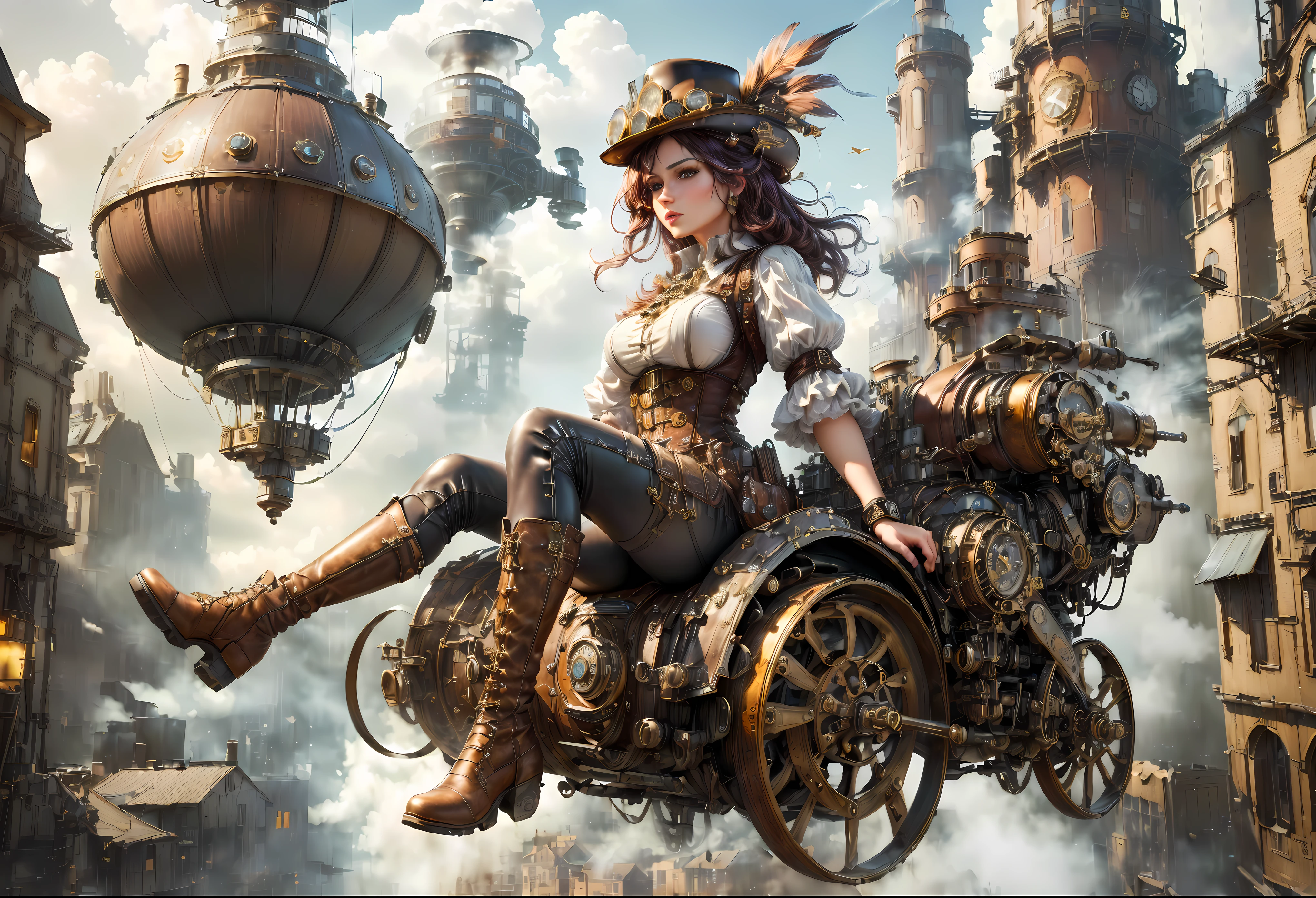 ((UHD, masterpiece, super detail, high details, best quality, highres)), steam punk, 1woman, hat, gear, blouse, leather pants, boots, flying machine:1.5, steam city, steam