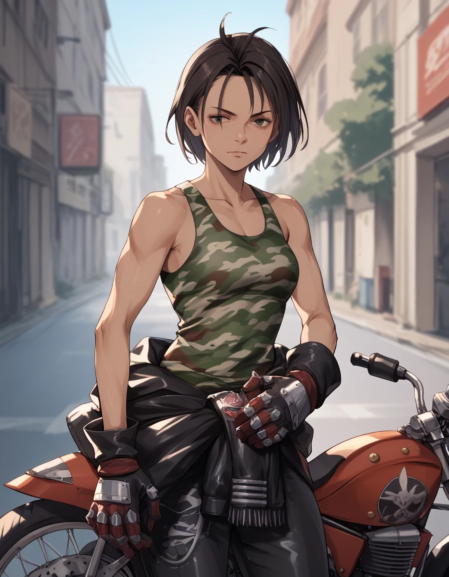 score_9,  score_8_up, score_7_up rskzm, camouflage tank top, jacket around waist, bare arms, leather pants, gloves,
confident, motorcycle, outdoors