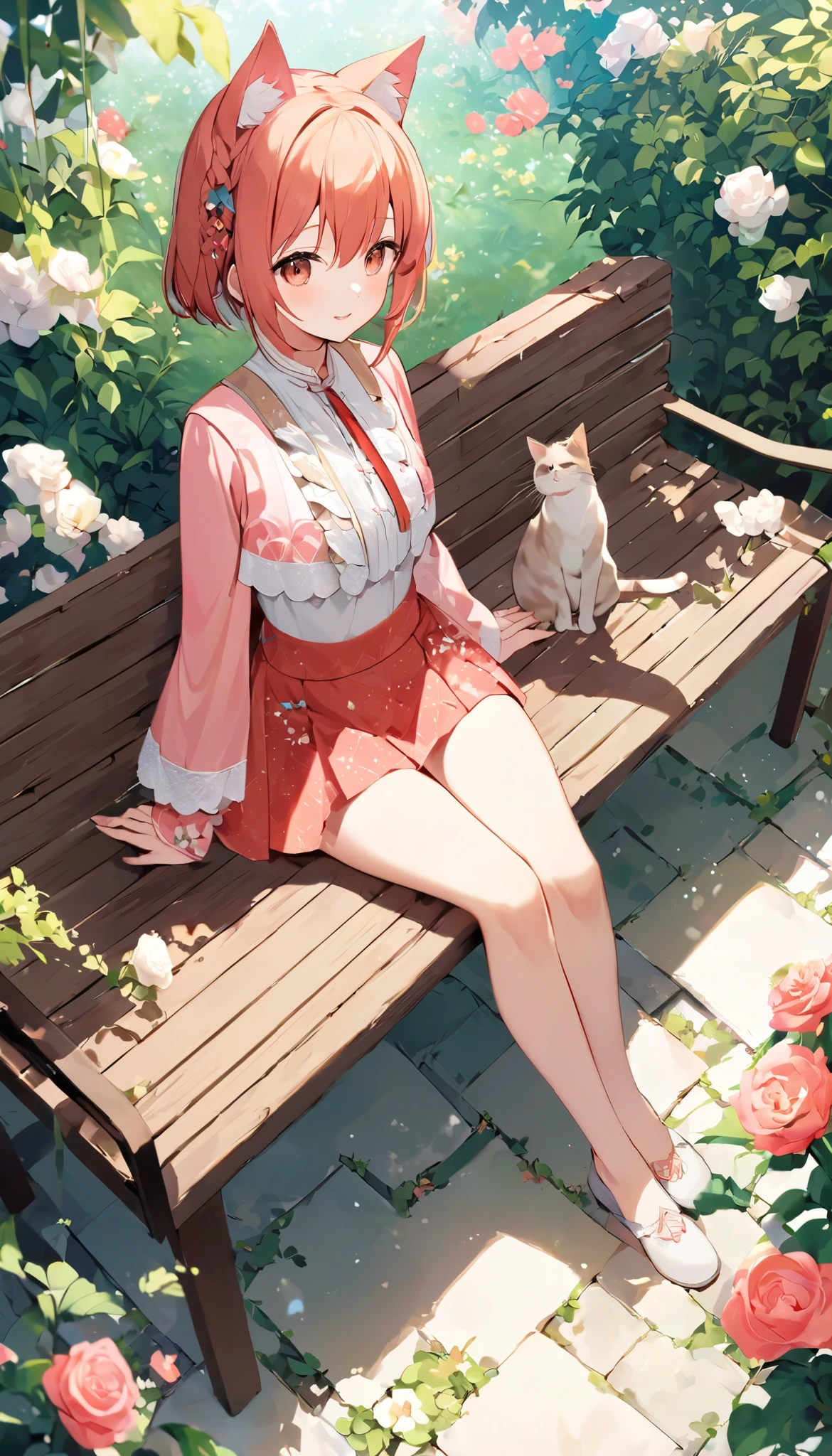 Anime Pictures。Bright and pretty shades。A cute woman with cat ears of about 18 years old sits on a bench in the pavilion of a garden full of flowers。Clothing designed in the image of Hungarian national costume。mini-skirts。Flowers are fluttering。Cute geometric pattern background。Extremely high quality、Extremely high image quality、Maste Piece、Best-aesthetic