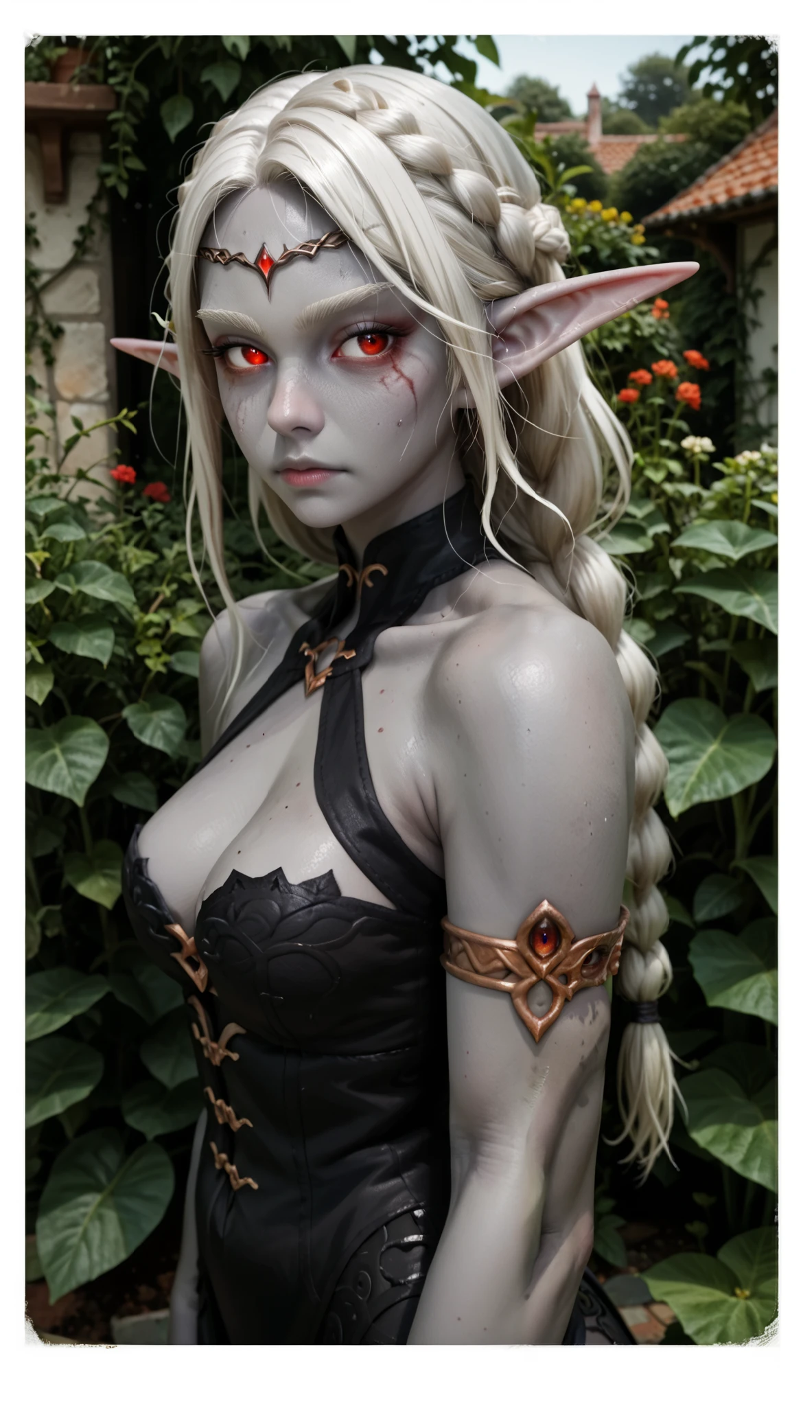 RAW, professional photograph, medium shot, photorealistic, hyper-realistic, ray tracing, super detail, UHD, 8k, female elf, twenty years old, athletic body, soft facial features, long hair, straight hair, white hair, gray eyes, gothic style, gothic clothing, dark Castle, gothic architecture, gothic bedroom 