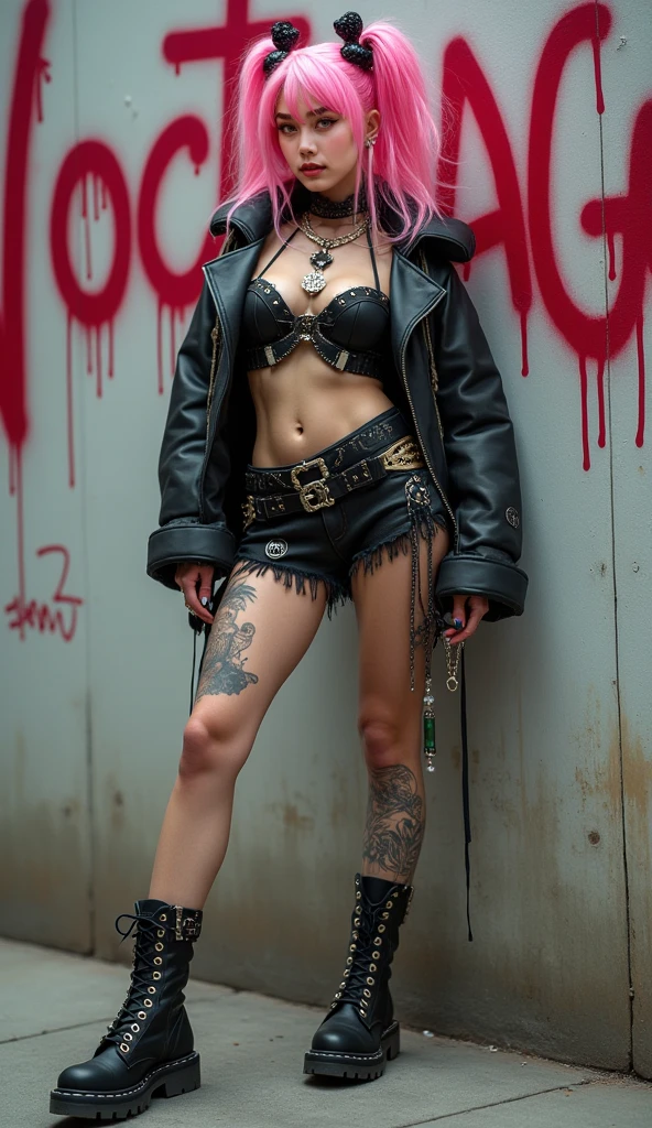 A tall woman in punk style, with a huge tattoo of a flower on her arm, blonde hair, sunglasses, high heels, black lipstick, English features of a royal woman