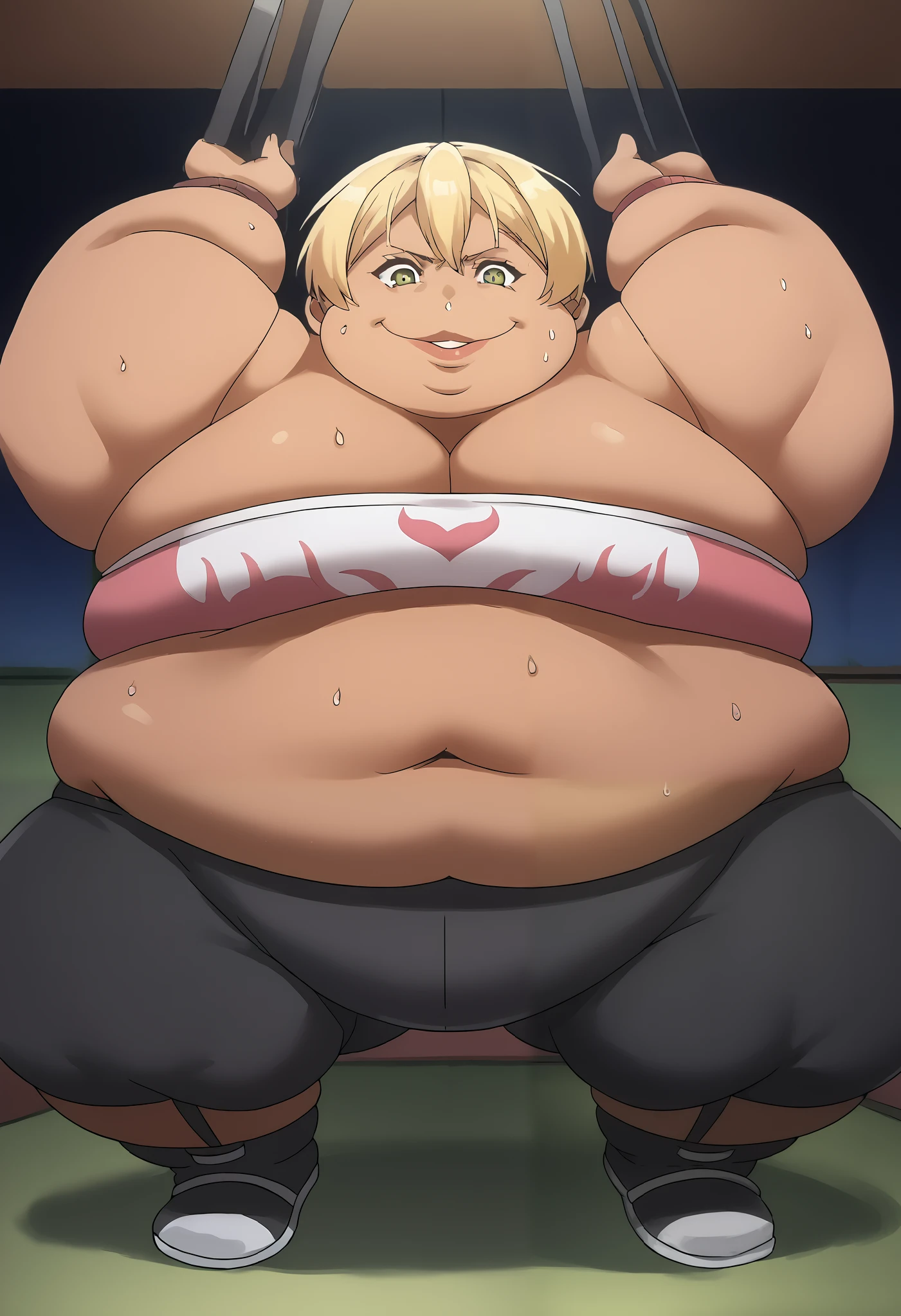 score_9, score_8_up, score_7_up, source_anime BREAK 1girl, mito ikumi, Phryne Jamil, dark-skinned female, blonde hair, ganryu, tube top, black bike shorts, bedroom, smile, sweating, growing fatter, fat, chubby, obese, full body shot, gigantic arms and legs, squatting, arms up, 