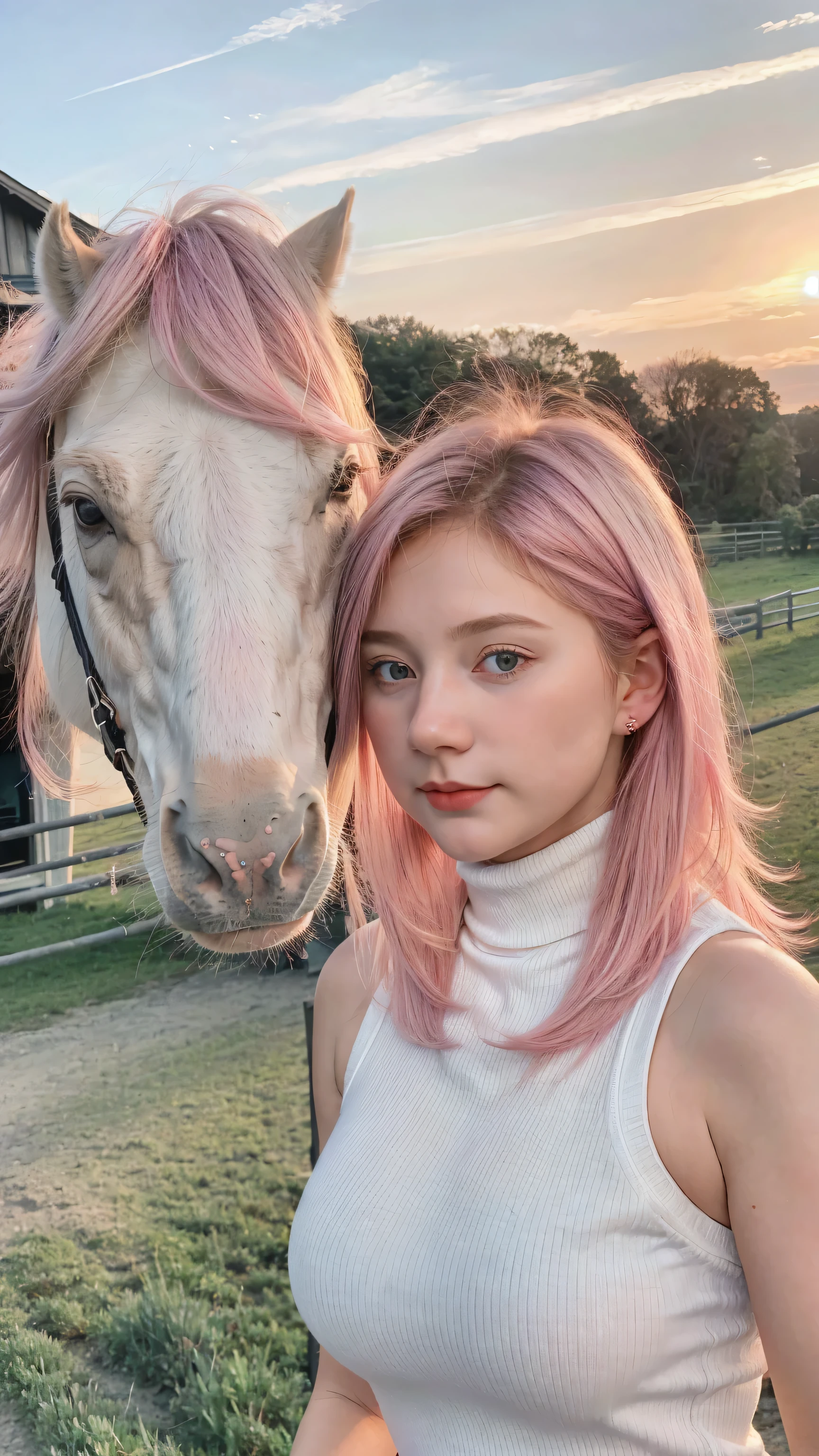 a girl, beautiful, baby face, 20 years, white skin , Colossal Chest, Sleeveless turtleneck, mini denim pants , neckline, horse riding, white horses, Outdoor home background , Highlight pink dyed hair, for the medium bob, ((adorable:1.3)), ((masterpiece:1.1)), ((hair in the wind:1.1)), sunset