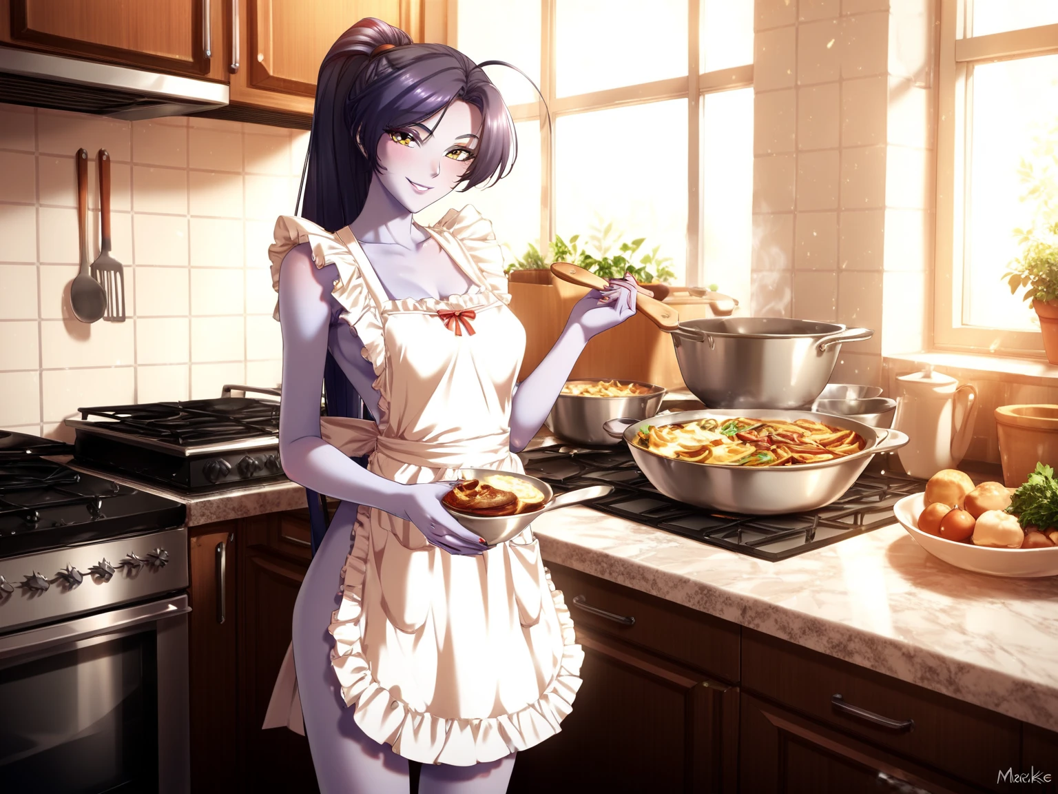 Best Quality, Masterpiece, ultra high resolution, iris \(pokemon\), purple hair, long hair, red eyes, dark skin, big hair,small breasts,  BREAK apr0n, (nude apron),(hot pink:1.3 apron), platform heels, flirting with viewer, standing, kitchen
