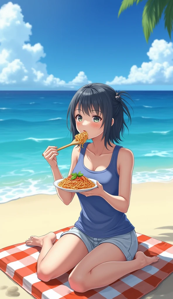 ((masterpiece, Mejor Calidad)), eating spaghetti on the beach, 4k, ultra hd, realistic hxh2011 