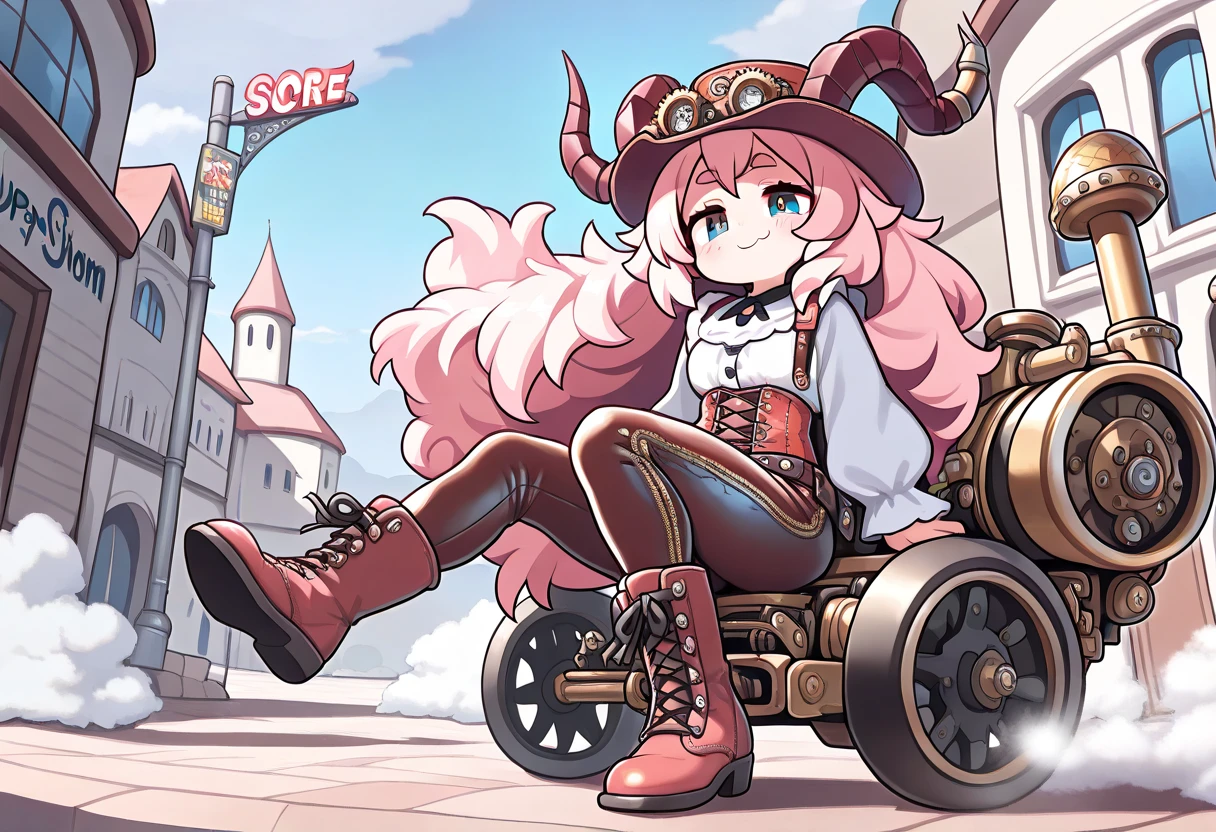 ((UHD, masterpiece, super detail, high details, best quality,  highres icon)), steam punk, 1woman, Pink fluffy long hair, Ram&#39;s horn, Thick eyebrows, smile, smug face, hat, gear, blouse, leather pants, boots, flying machine:1.5, steam city, steam