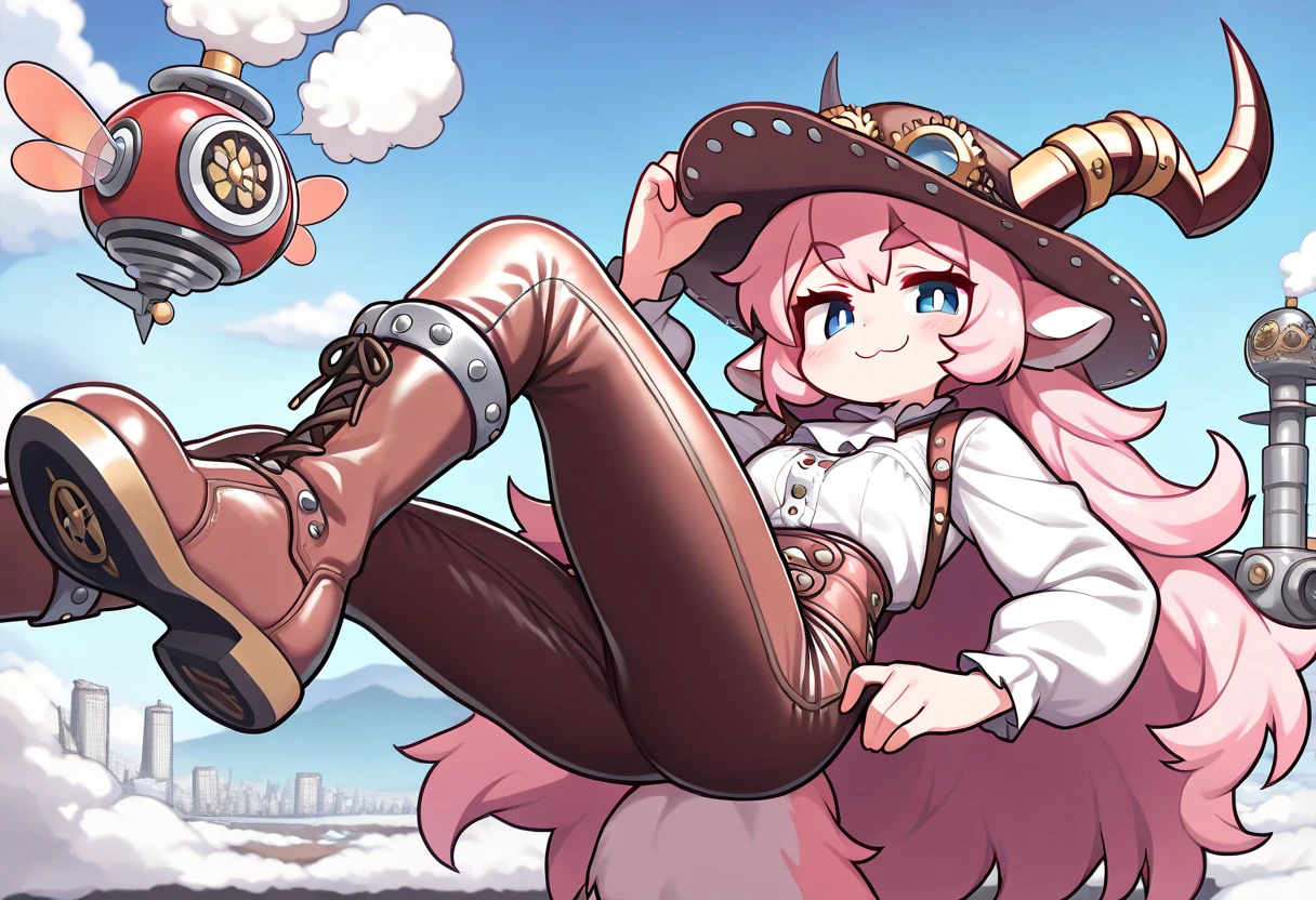 ((UHD, masterpiece, super detail, high details, best quality,  highres icon)), steam punk, 1woman, Pink fluffy long hair, Ram&#39;s horn, Thick eyebrows, smile, smug face, hat, gear, blouse, leather pants, boots, flying machine:1.5, steam city, steam