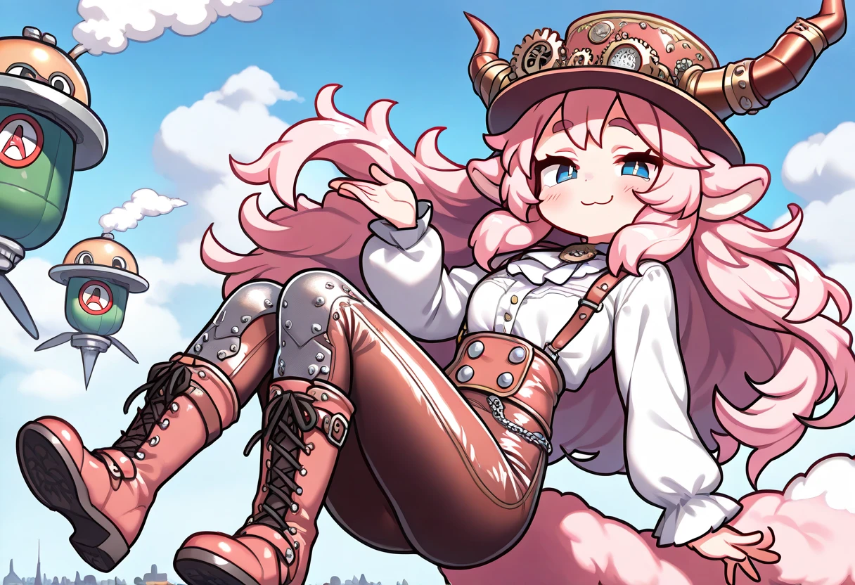 ((UHD, masterpiece, super detail, high details, best quality,  highres icon)), steam punk, 1woman, Pink fluffy long hair, Ram&#39;s horn, Thick eyebrows, smile, smug face, hat, gear, blouse, leather pants, boots, flying machine:1.5, steam city, steam