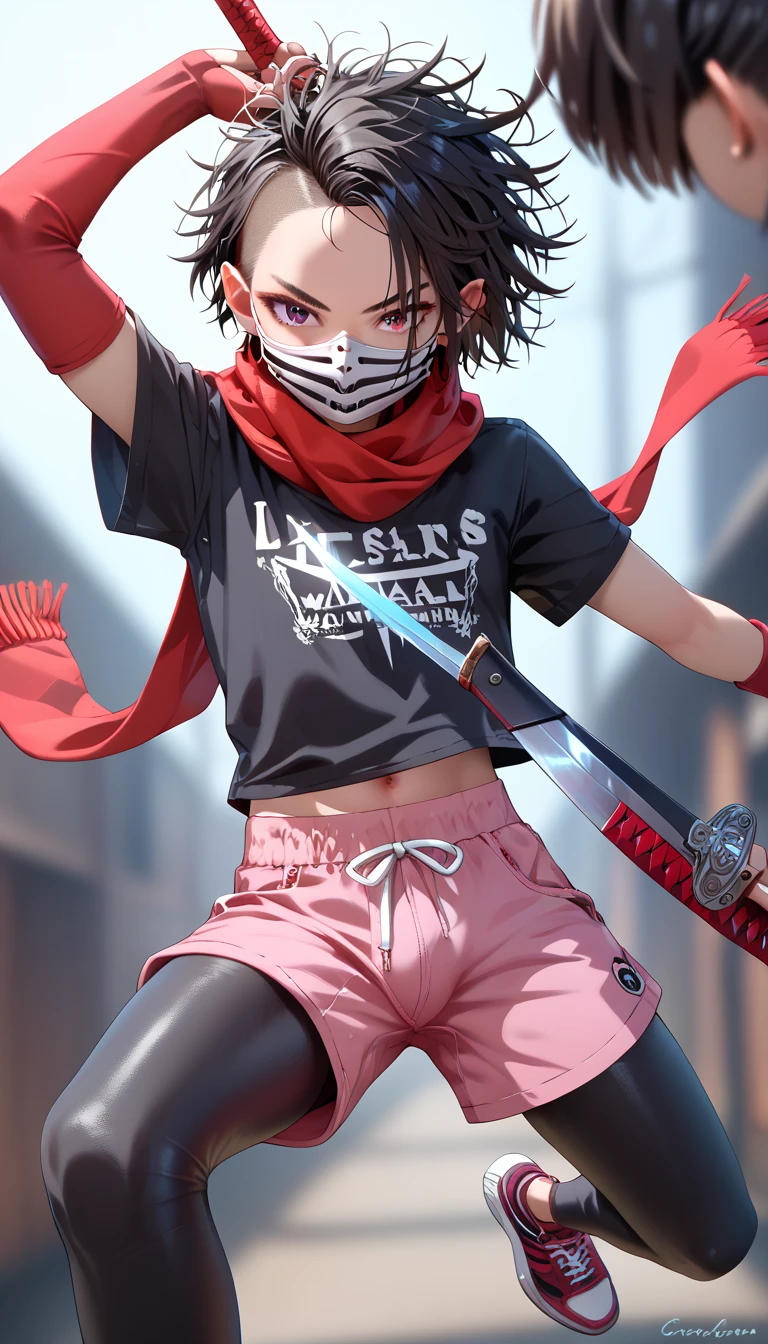 masterpiece, highest_quality, ultra_detailed, depth_of_field, 1boy_focus, boy is (japanese_femboy, (black_hair, messy_hair, crew_cut, forehead_bangs, black_slant_eyes, close_set_low_eyebrows, large_ears), flat_chest, (skeleton_mask:1.5, long_t-shirts, (wide_shorts, leggings):1.5, leather_shoes, scarf):1.5, fighting_pose), detailed_face, full_of_details, hold_cutlass, hold_dagger, dual_wielding