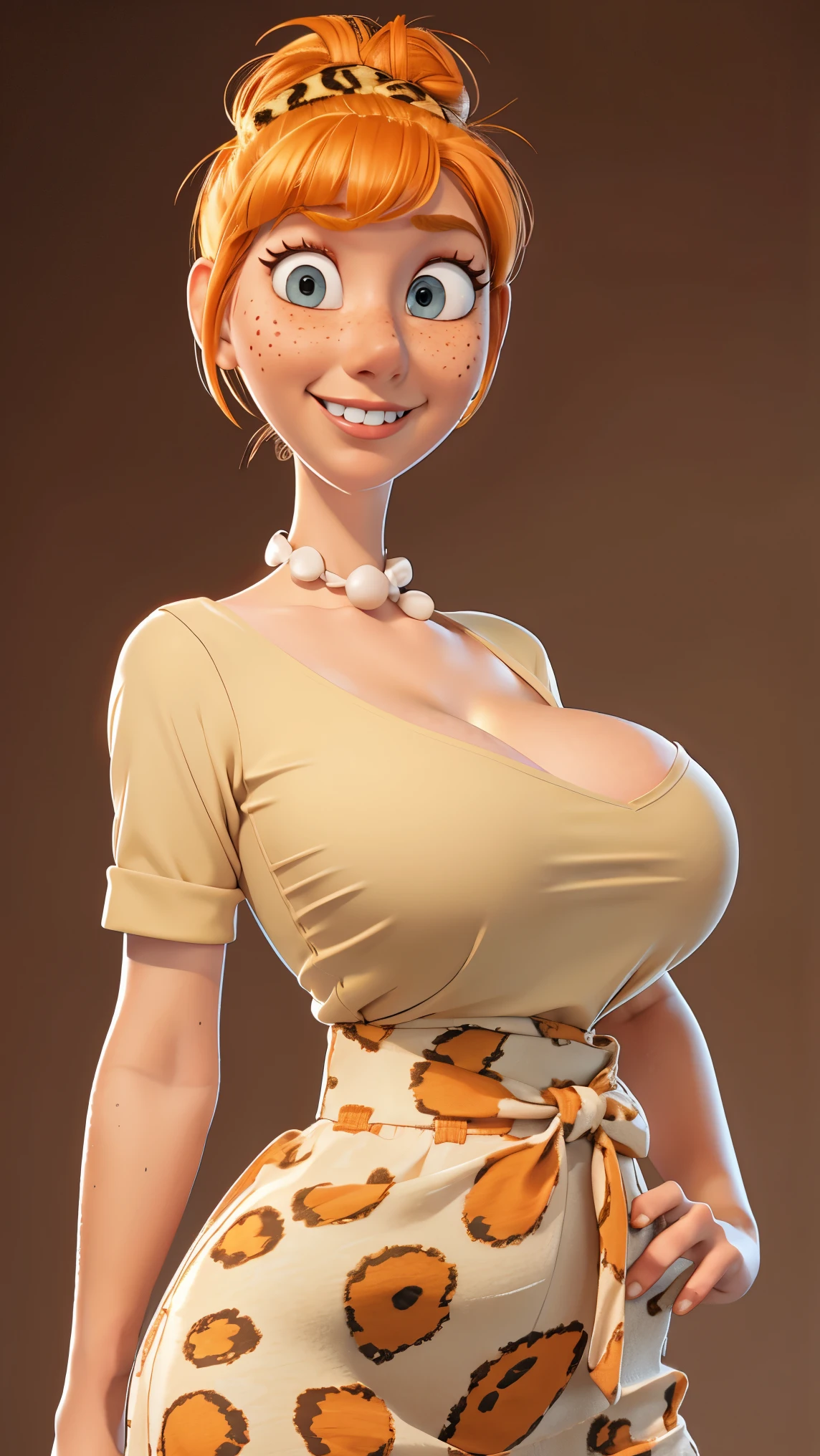  a girl,  Orange hair tied in a bun,  green eyes,  light smile base ,  freckles on the cheeks ,  thin eyebrows,  white collar with bow , leopard print blouse with neckline , pale skin, standing,  cartoon , (Pixar:1.2), Lucy Wilde, long nose, successes,  short skirt , full view of the body,  wide hips,  Big Tits, fitted top,  Camel toe,  Big Tits,  Big Tits,  Camel toe,  wide hips, Snow in the background 