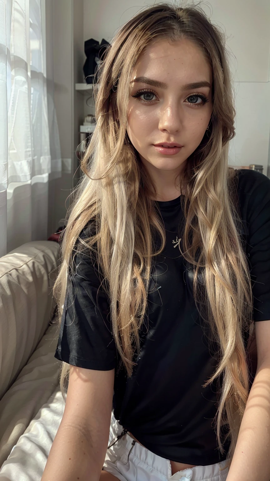 A 18-year-old blonde woman, ((hiperrealismo))textured skin,goosebumps, perfect eyes. Blonde hair with light brown roots. cabello rubio, Hair with brown roots, extra long hair, really long hair. photo taken with iPhone, cleavage, Porta 160 color. Police girl cosplay 