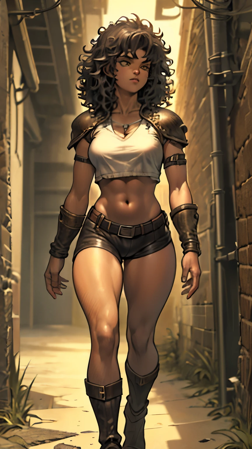 dark elf girl, rogue, cute, solo, petite body, black skin, thick curly hair, yellow eyes, small saggy breasts, dark elf, short stature, wearing a crop top, wearing cut-off leather armor, medieval setting, walking in a dark dungeon, high quality, masterpiece, 8k, hqr, intricate details, highly detailed